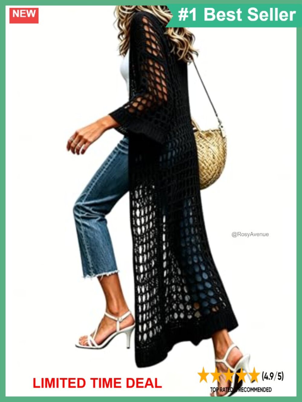 Crochet Cardigan Lightweight 3/4 Sleeve Open Front Summer Sweater